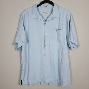 Tommy Bahama Mens Silk Camp Button Up Shirt Size L Blue Short Sleeve Vacation